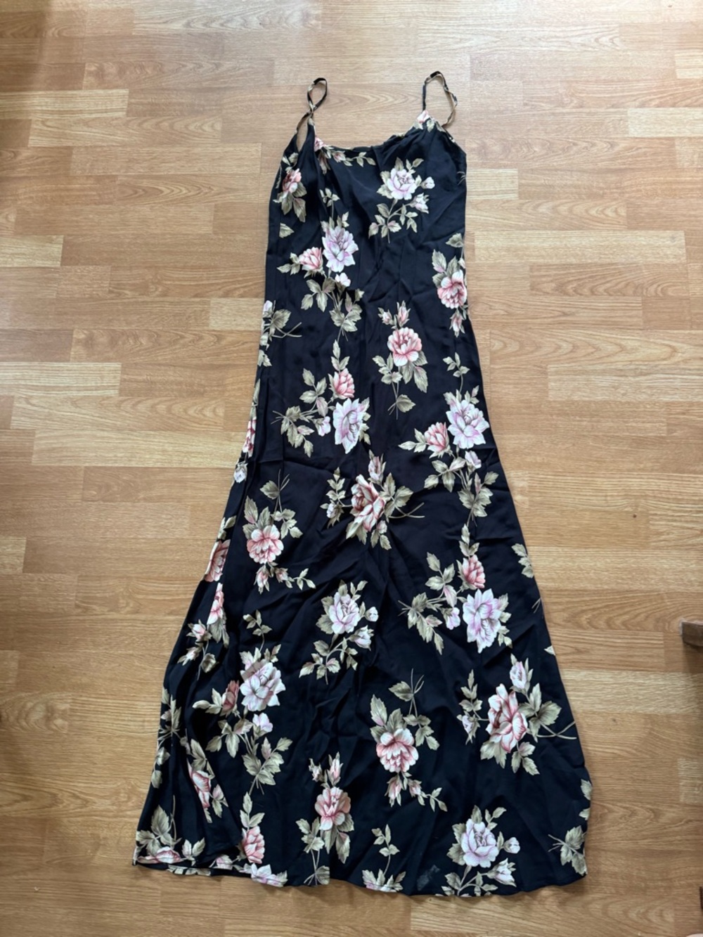 Silk Maxi Dress Black Floral with Pink Roses by Blue Life Planet Blue Medium